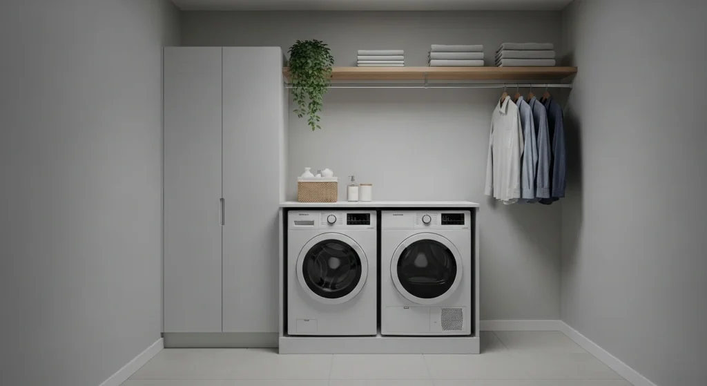anging rod above washer in laundry room for air-drying clothes, modern 2026 interior