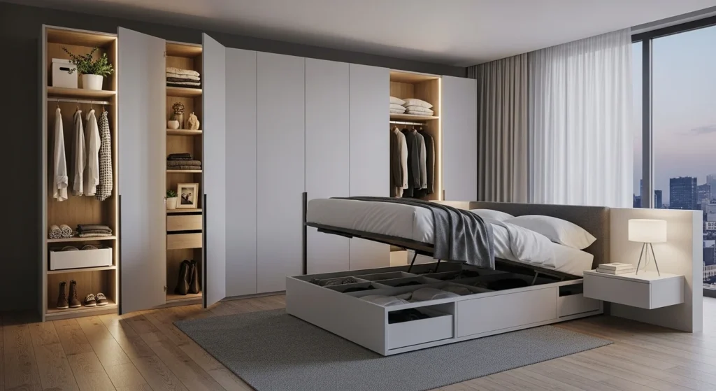 Modern bedroom layout with built-in wardrobes and integrated storage for a clutter-free look