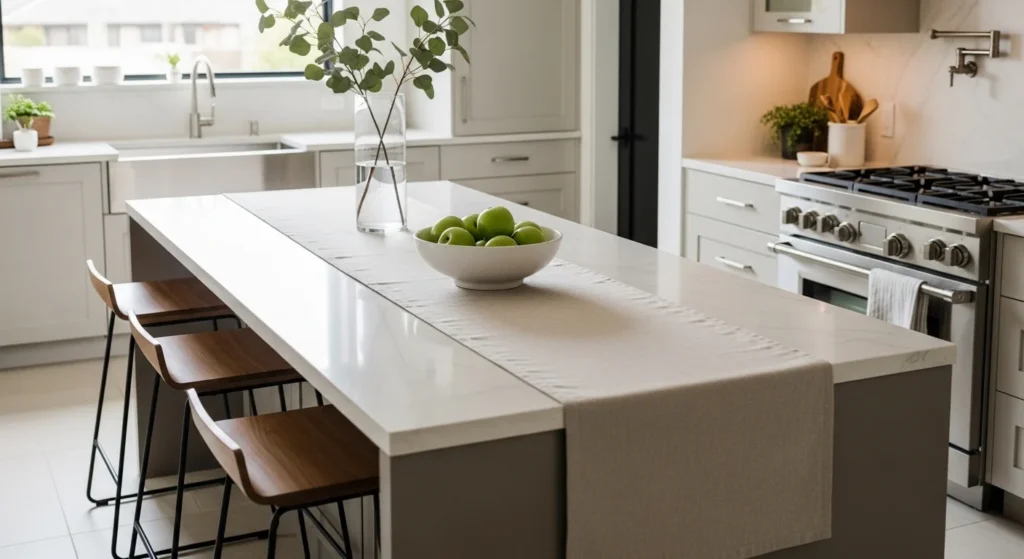 Kitchen island decorated with a neutral textured fabric runner