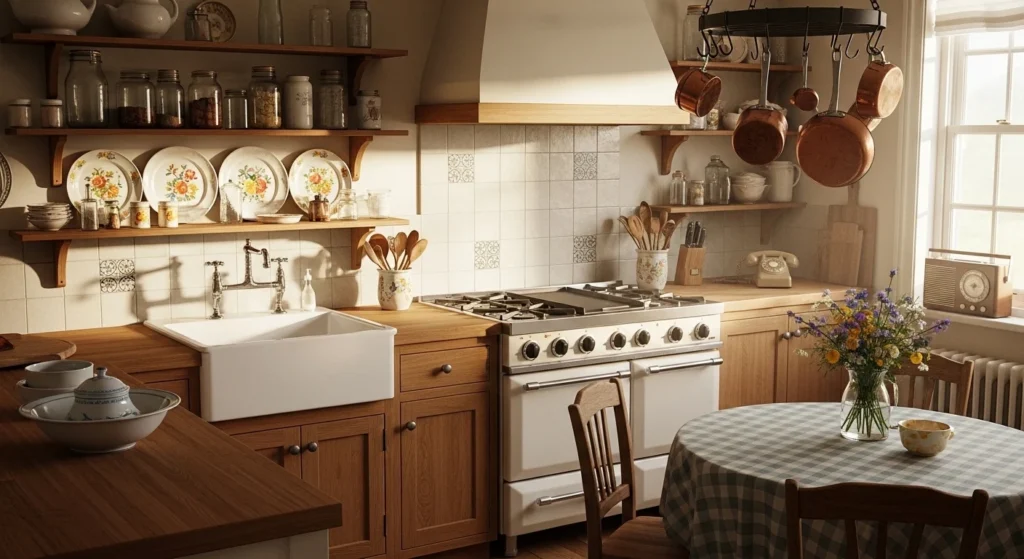 Warm wooden countertops in a vintage-style kitchen