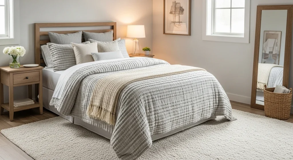 Neutral guest bedroom styled with textured bedding, soft rugs, and wood accents