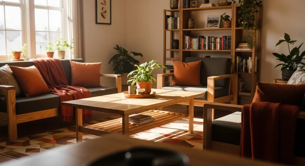 Living room with natural wood furniture and warm accents