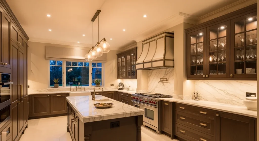 Luxury kitchen styled with soft ambient lighting