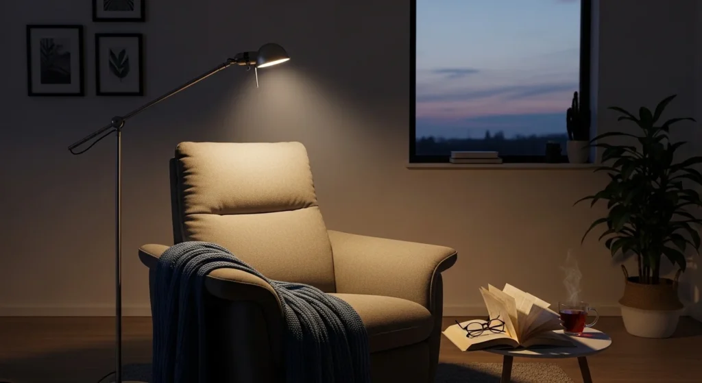 Adjustable floor lamp next to armchair for reading in living room