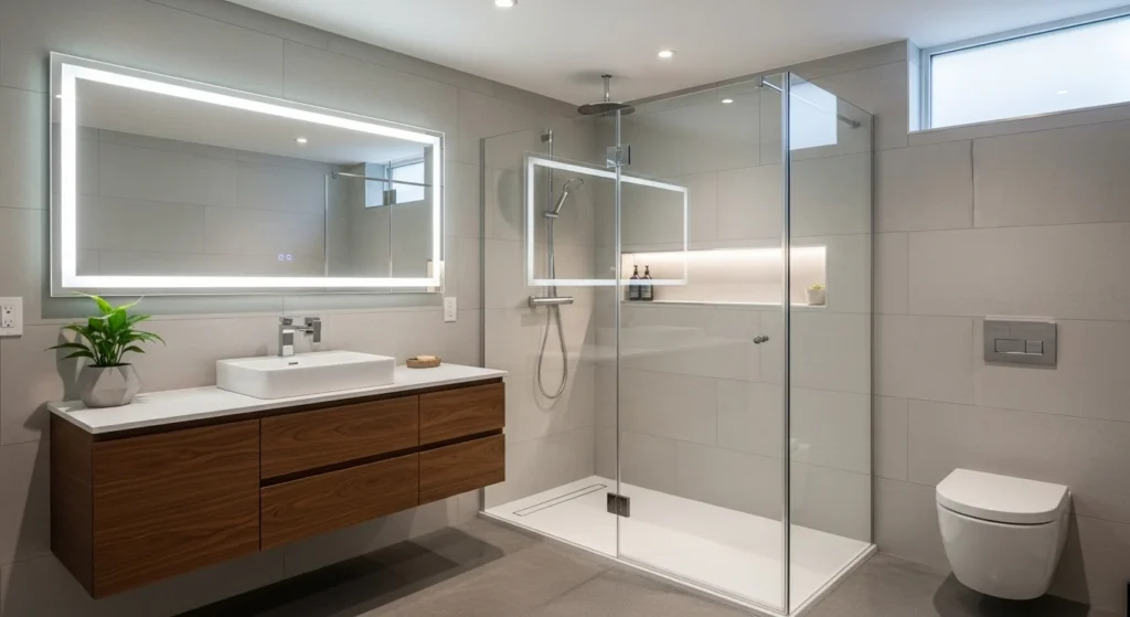 Basement bathroom with frameless glass shower enclosure and modern design