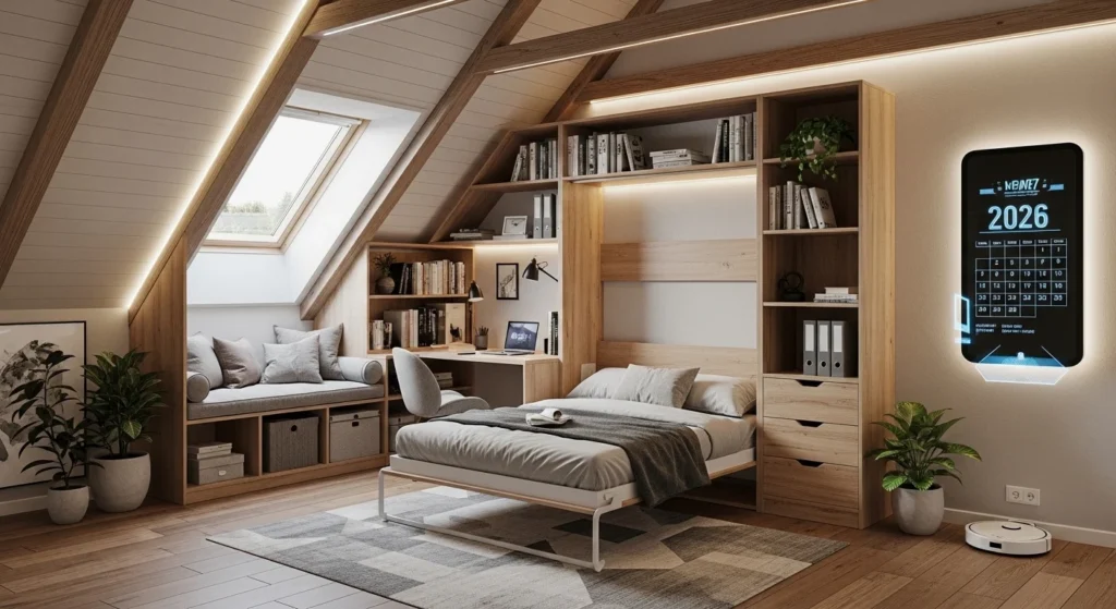 Attic bedroom with compact, multifunctional furniture pieces