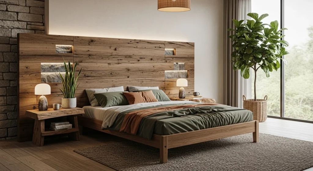 Bedroom with wooden furniture, stone accents, and indoor plants for freshness