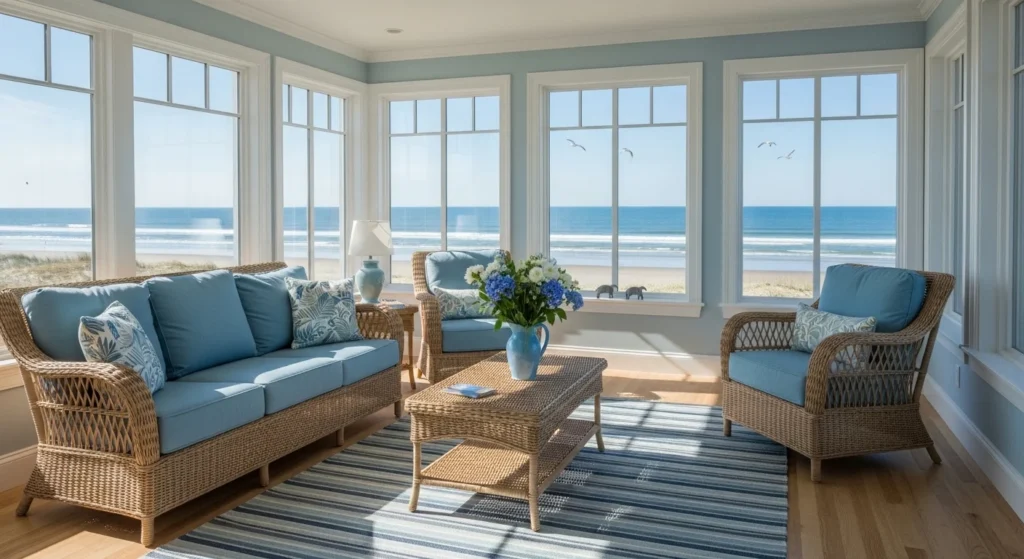 Coastal-inspired sunroom with light blue tones and airy decor