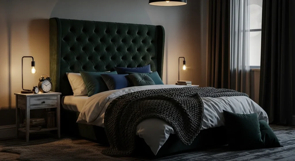 Moody bedroom with velvet headboard and rich textures