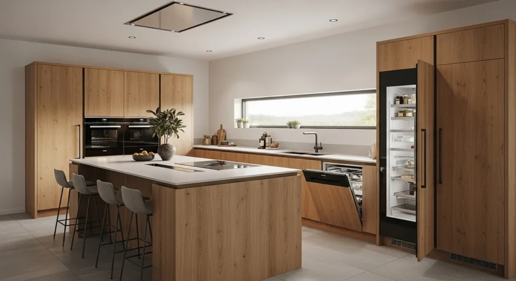 Seamless oak kitchen design with integrated modern appliances