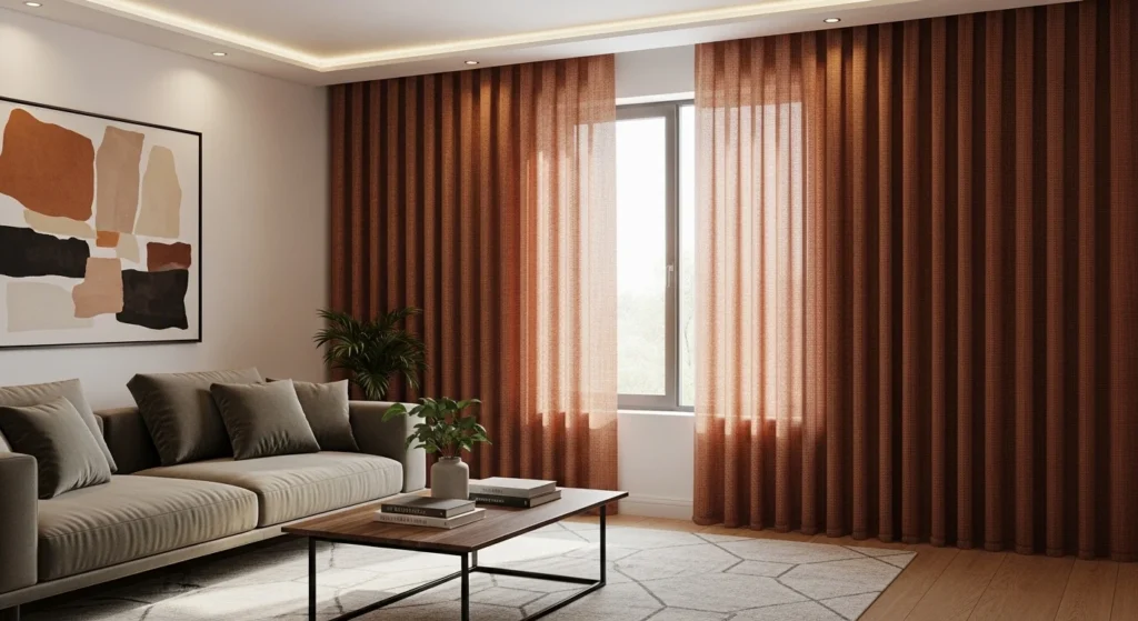 Living room featuring textured fabric curtains for added depth