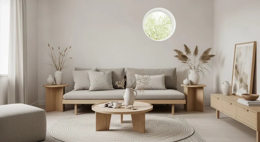 Japandi-inspired compact living room with low seating, light wood furniture, and neutral tones