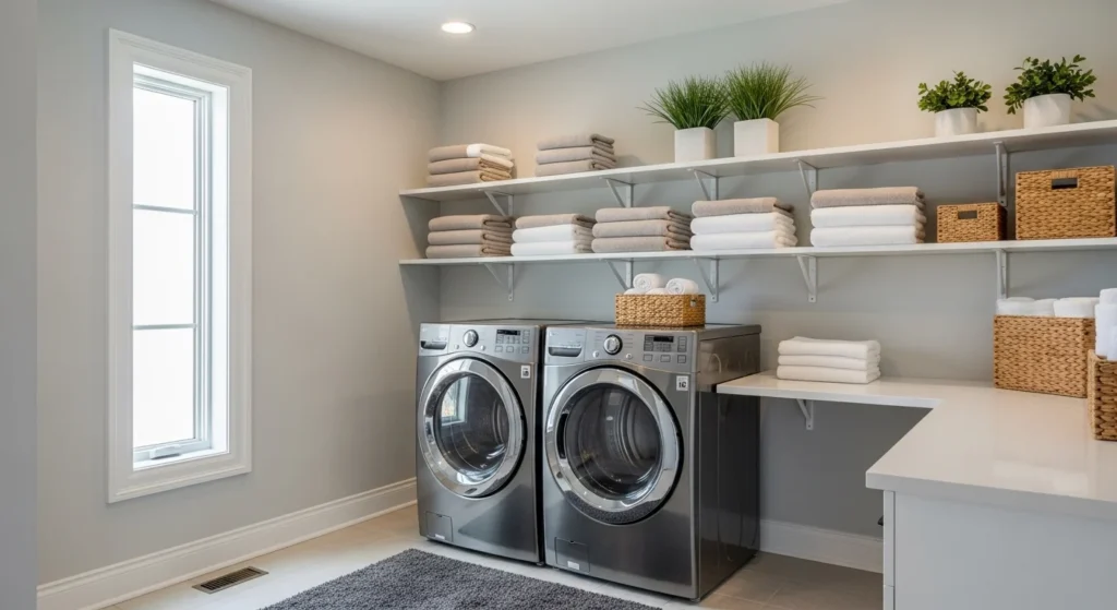 Laundry room with shelves installed above washer and dryer