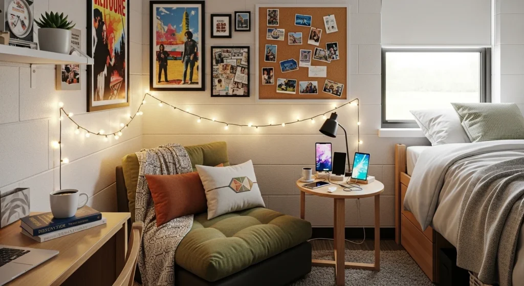Dorm room with compact lounge chair and cozy seating area