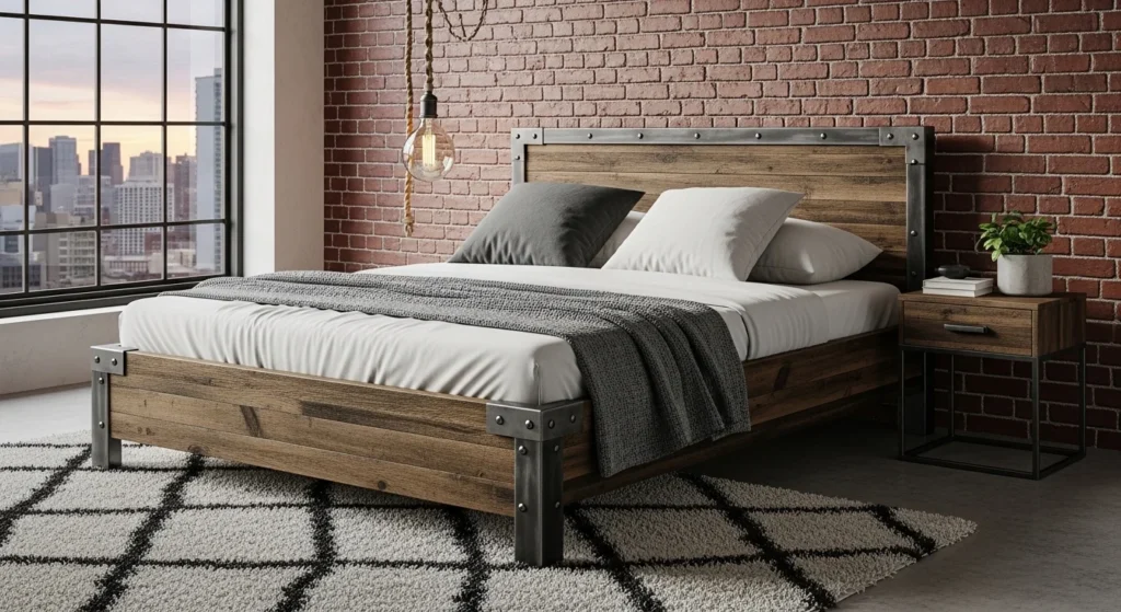 Wooden bed with metal accents in industrial-style bedroom