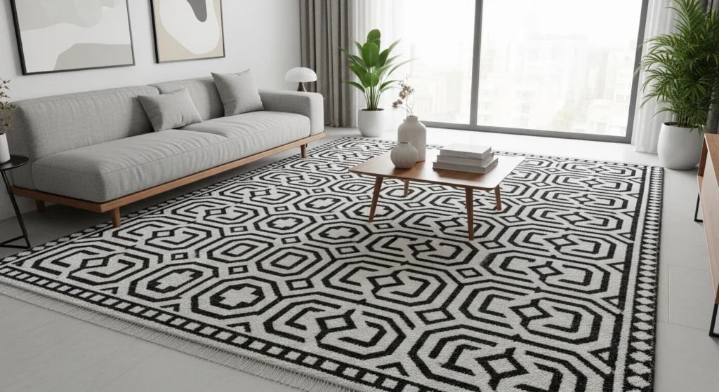Black-and-white Moroccan geometric rug in modern living room