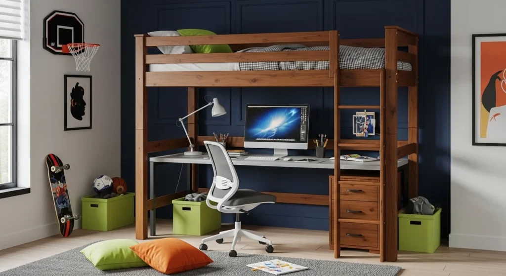 Boys bedroom with loft bed and under-bed study/play area, vibrant decor