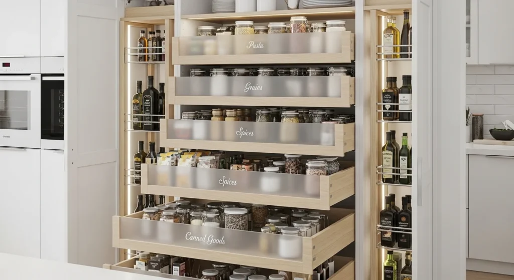 Kitchen pantry with organized pull-out drawers
