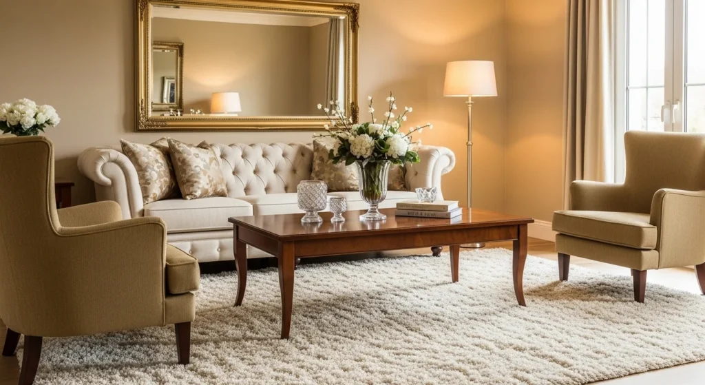 Elegant living room with plush textured rug and luxury seating