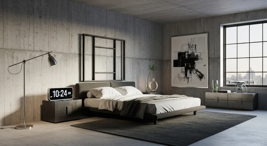 Industrial-style gray bedroom with concrete textures and metal accents