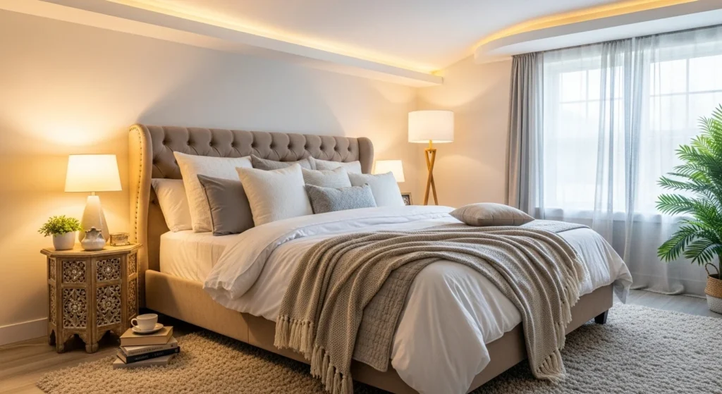 Cozy bedroom featuring an upholstered bed, soft fabrics, and warm ambient lighting