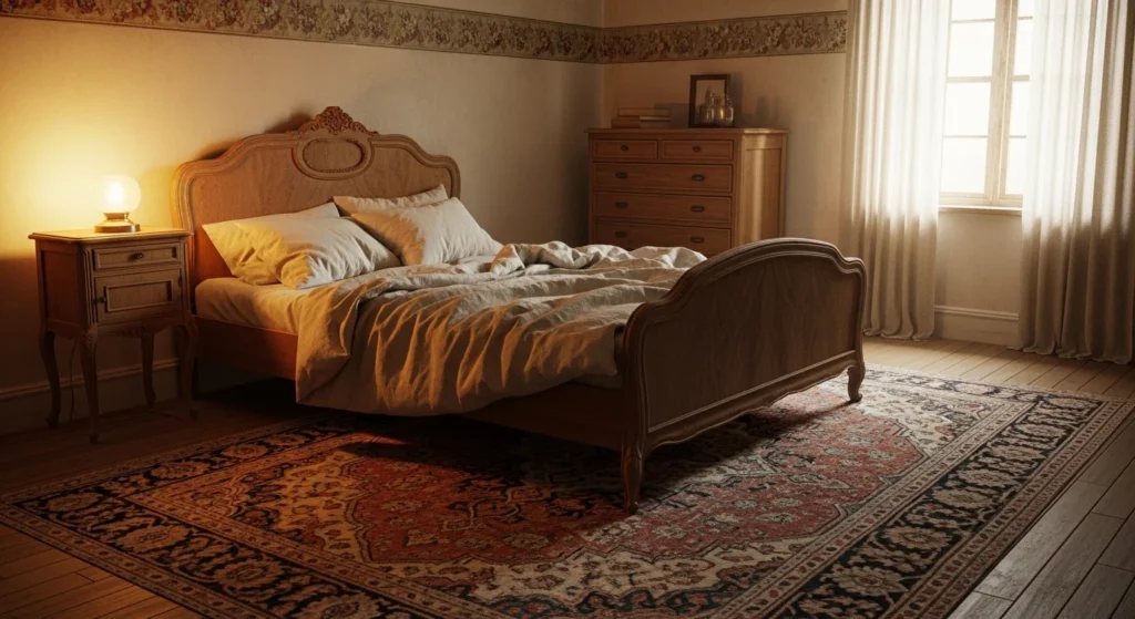 Vintage bedroom with faded Persian rug under wooden bed