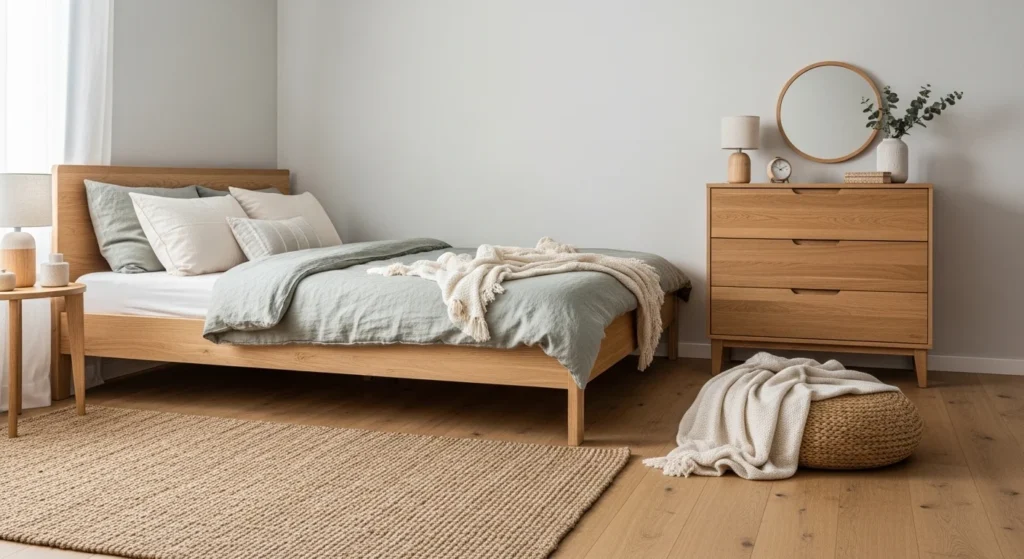 Teen bedroom with natural wood bed and neutral calming tones