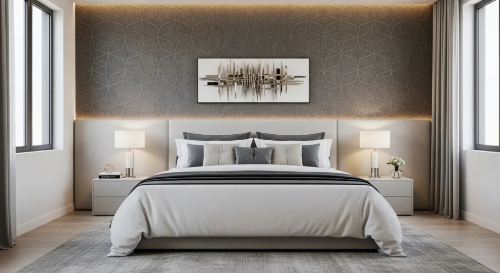 Bedroom with textured accent wall behind the bed in modern 2026 style
