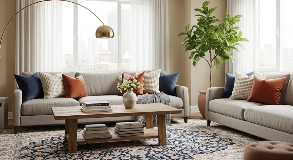 Living room featuring a large area rug under sofa and coffee table, cozy remodel