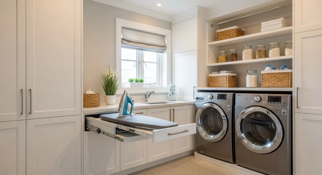 White laundry room with pull-out ironing board and modern appliances