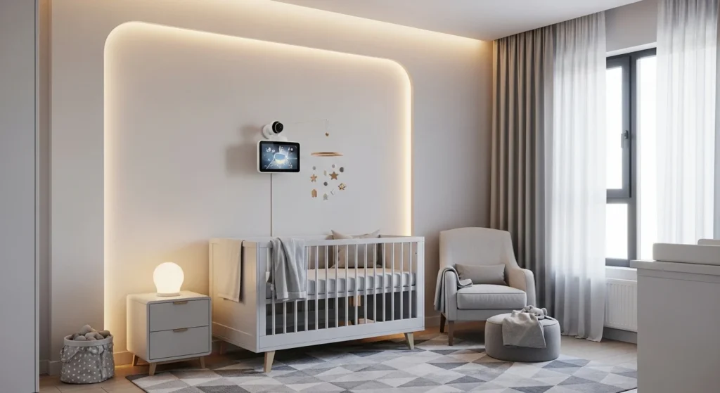 t: Modern nursery with smart baby monitor and soft LED lighting