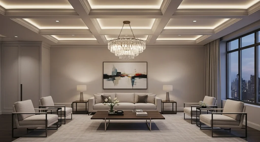 Contemporary parlor featuring coffered ceiling, chandelier, and neutral furniture