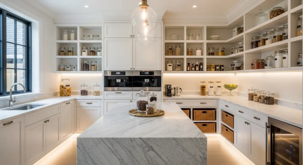 Kitchen pantry featuring marble countertop, white cabinets, and organized shelves