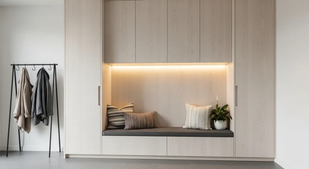 Entryway featuring vertical wooden wall panels and warm lighting