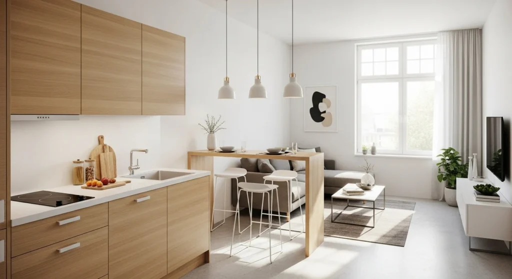 Small open kitchen living room with compact furniture, bright lighting, and efficient modern layout