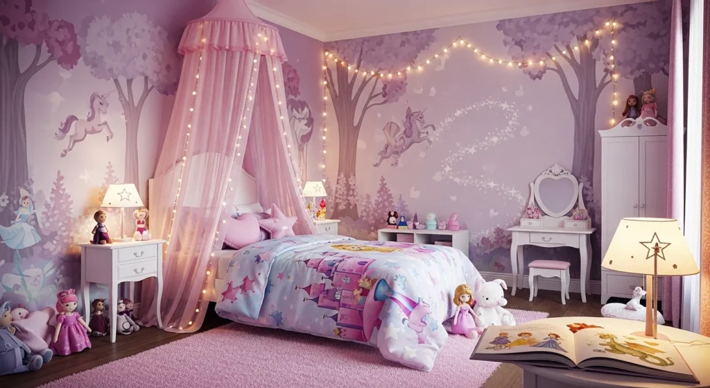 dreamy princess themed kids room with canopy bed and soft decor