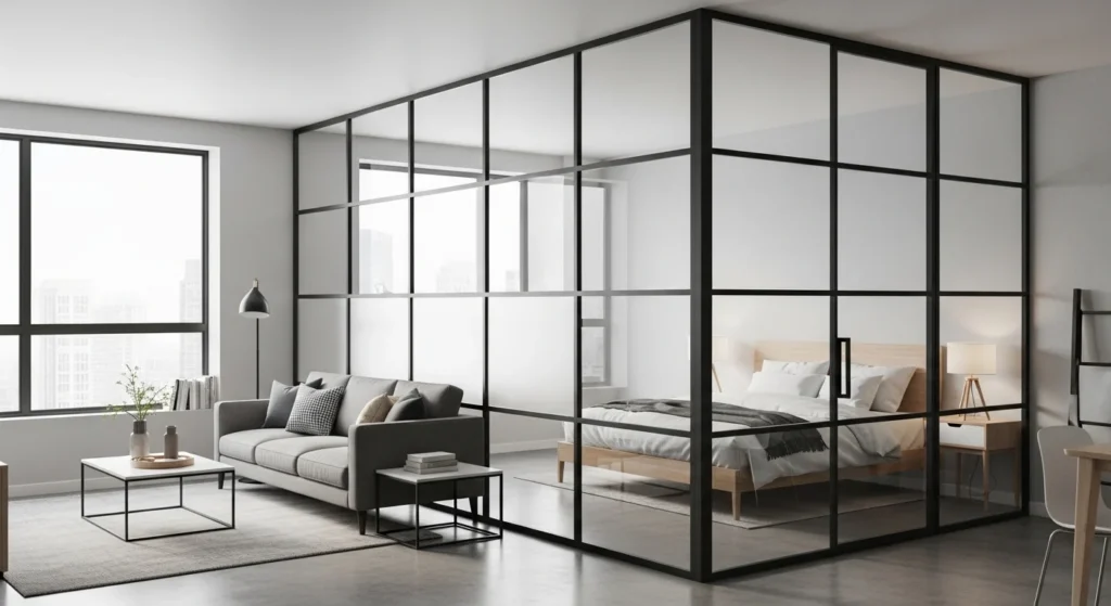 Modern apartment using glass partition to separate spaces while maintaining openness