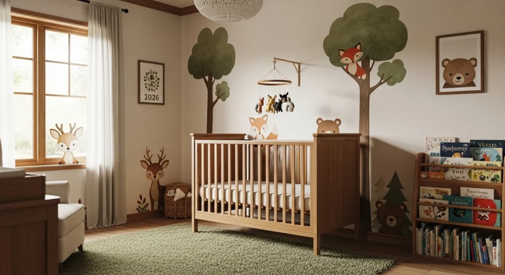 Woodland-themed nursery with forest colors, animal wall decals, wooden furniture, cozy 2026 interior