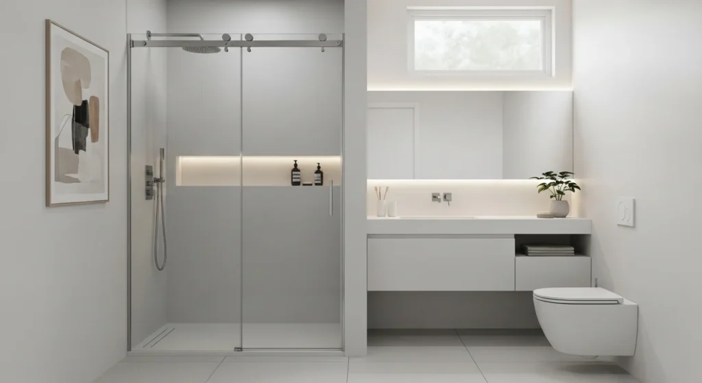 Small bathroom with sliding glass shower doors, minimalist modern interior, 2026 design