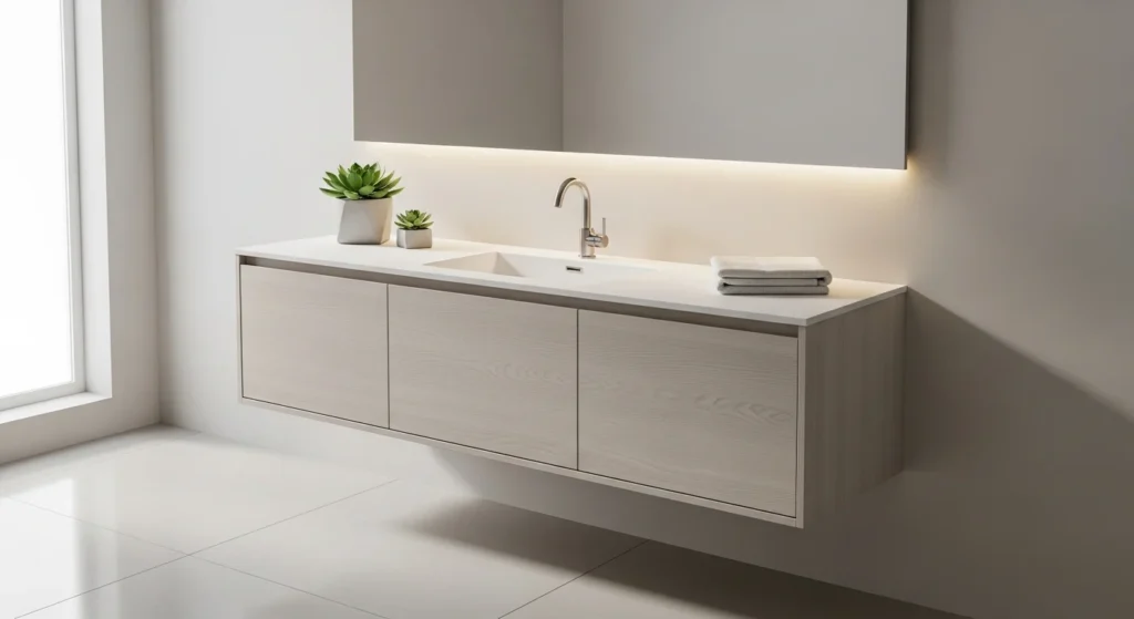 Floating bathroom vanity with minimalist sink decor creating airy modern space