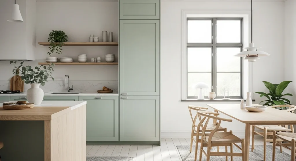 Light green Scandinavian kitchen with wood accents and bright airy design