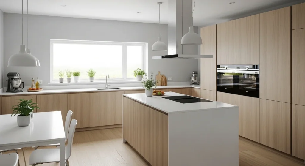 Bright Scandinavian kitchen with light wood cabinets and minimalist design 2026