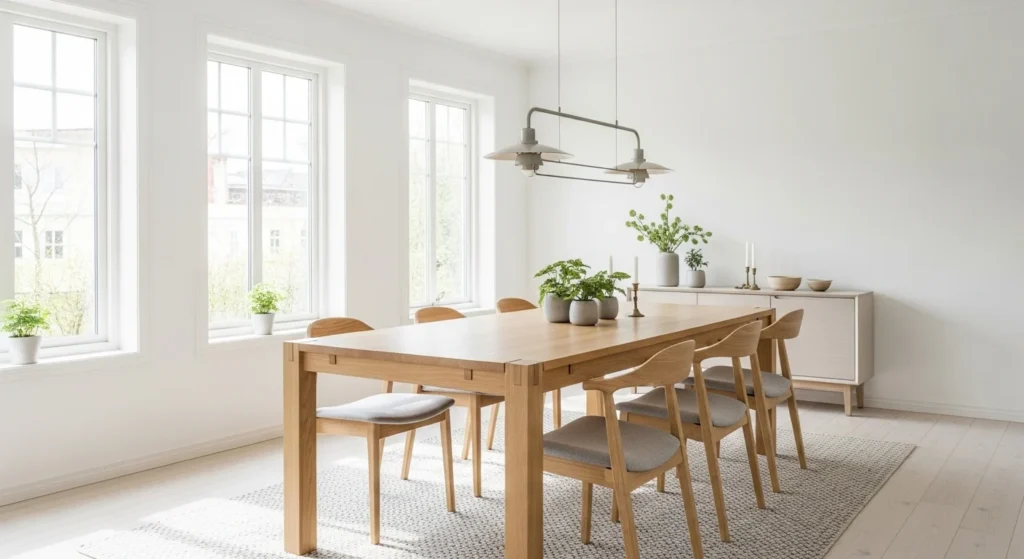 Scandinavian dining room with white walls, light wood furniture, and bright natural light