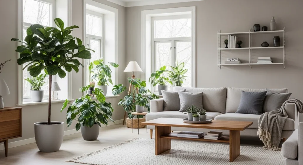 Neutral Nordic living room decorated with indoor plants and natural textures