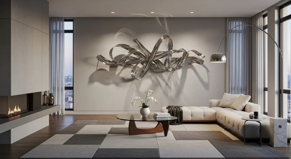 Floating shelves styled with framed art and decor pieces in a modern living space