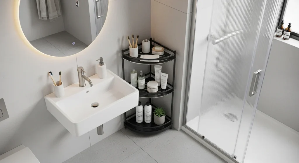 slim rolling storage cart placed beside sink for extra bathroom storage