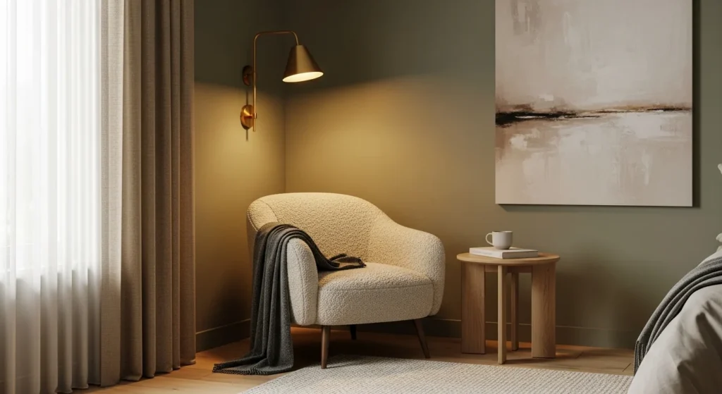 Cozy bedroom corner with boucle accent chair adding texture and luxury feel