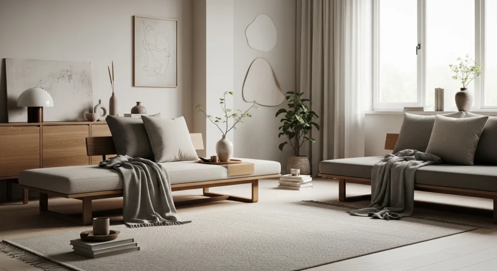 Minimalist Japandi living room with low wooden furniture, neutral tones, and soft textures, reflecting 2026 trends