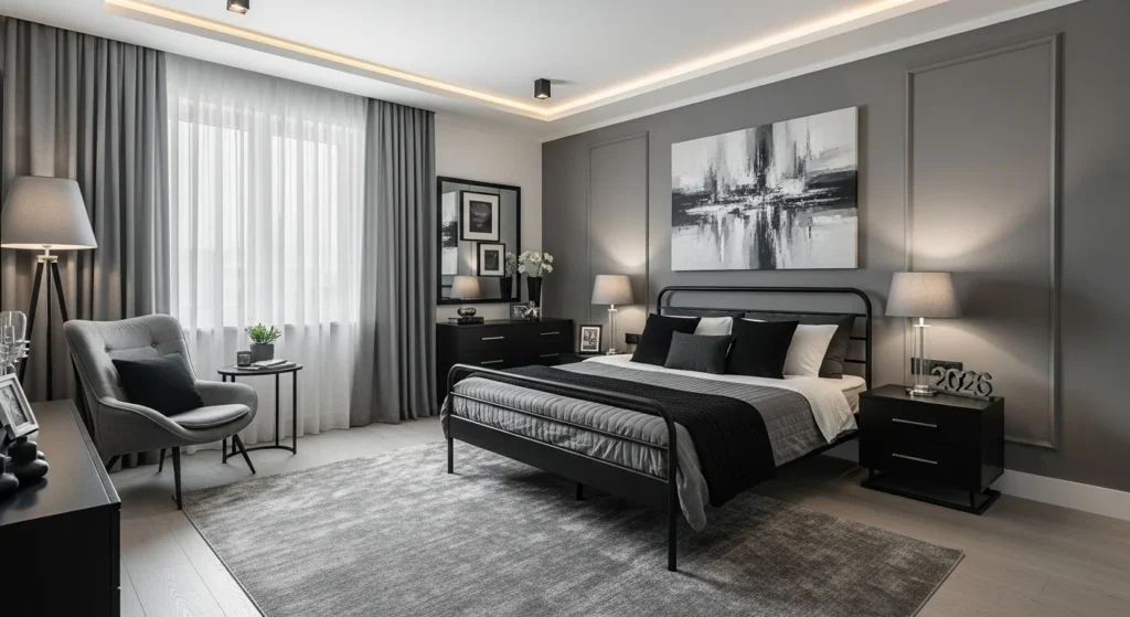 Grey bedroom with black accent furniture and bold modern design, 2026 interior trend