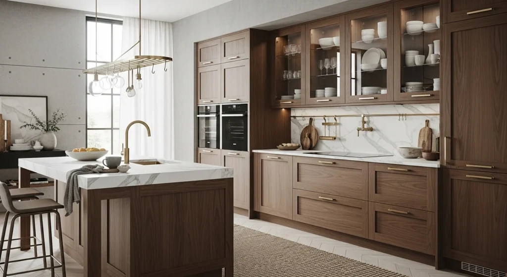 Modern kitchen with wood cabinets, marble countertops, and brass accents combining textures for contemporary 2026 interiors